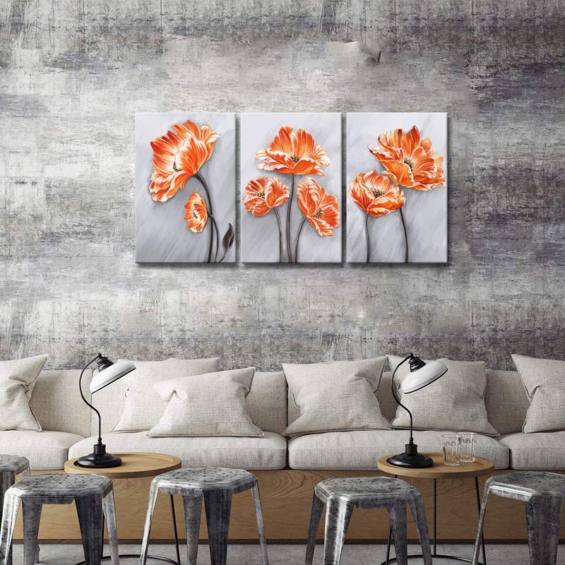 Derkymo 3 Pieces Orange Poppies Picture Elegant Flower Canvas Painting Beautiful Floral in Grey Artwork for Living Room Bedroom Framed Ready to Hang 16"x24"x3pcs - Image 3